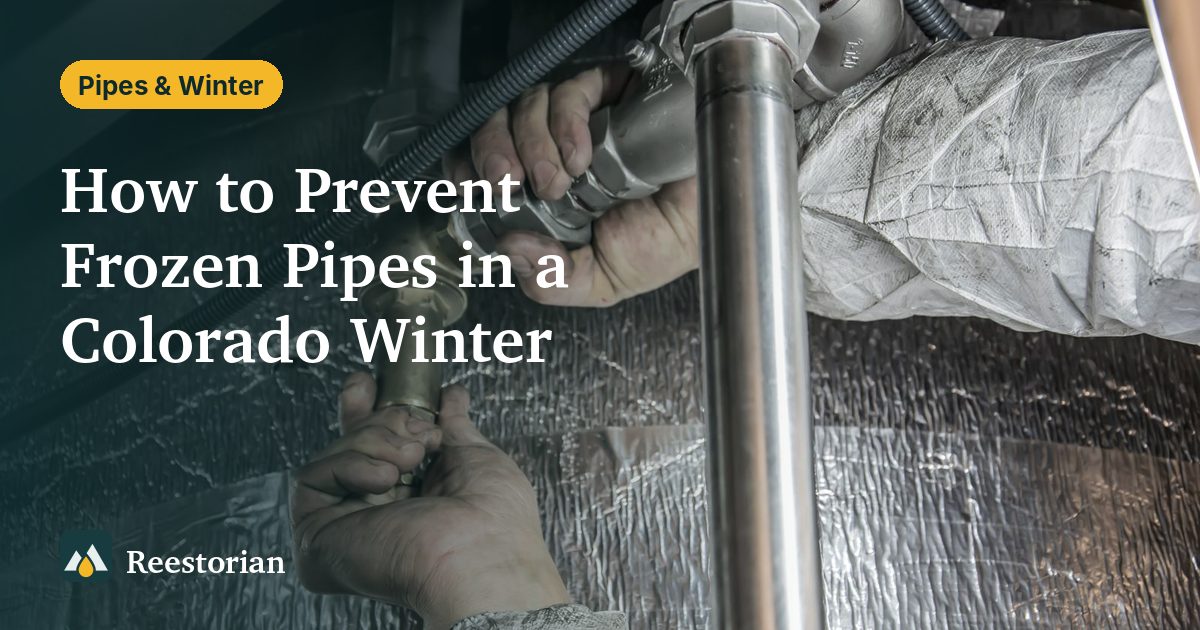 Hands fitting insulation around a metal pipe, showing how to prevent frozen pipes
