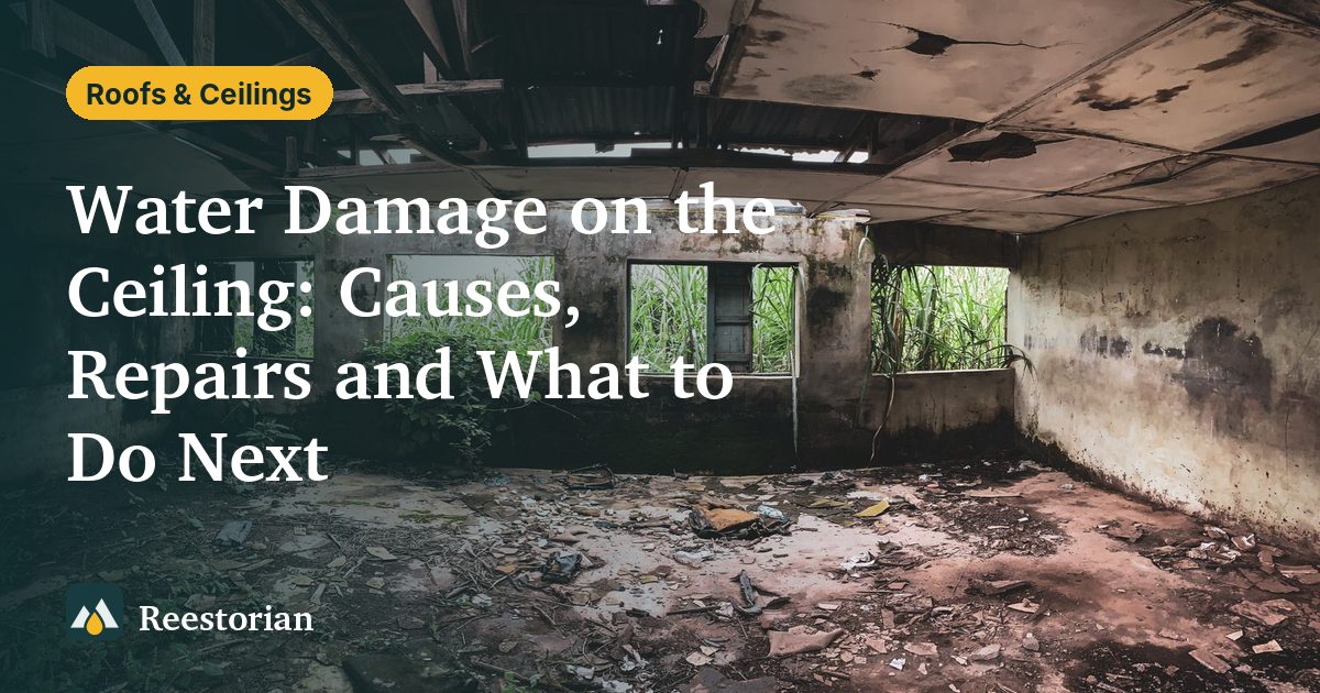 Collapsed, water-damaged ceiling in a gutted room, showing water damage on a ceiling
